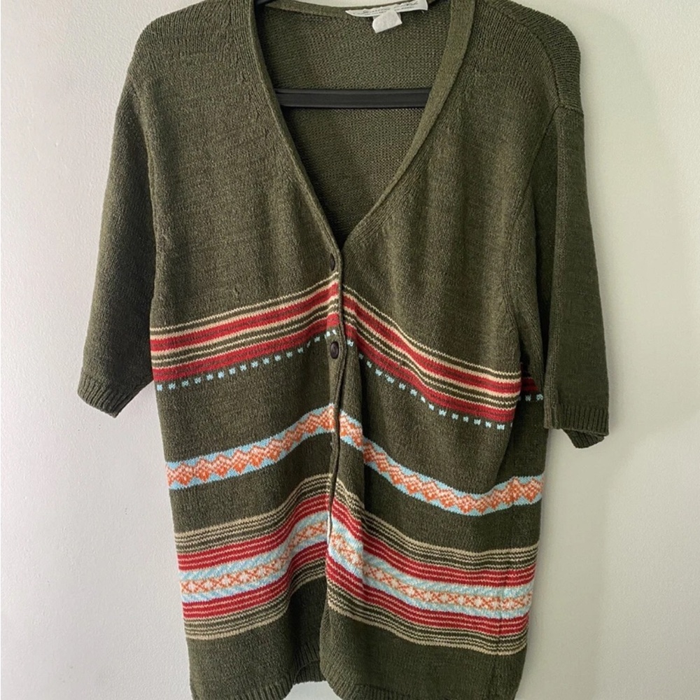Jessica Olive Green Cardigan with Colorful Stripes